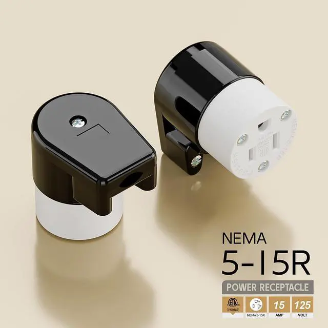 Alt view image 4 of 7 - 360° Rotatable NEMA 5-15R Rewireable Female Receptacle, ETL Listed 15A 125V Right Angle Cord End Socket, 3-Prong DIY Replacement AC Connector for 12/14/16AWG Power Cord, Black & White