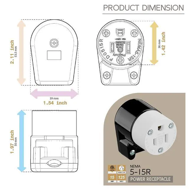 Alt view image 5 of 7 - 360° Rotatable NEMA 5-15R Rewireable Female Receptacle, ETL Listed 15A 125V Right Angle Cord End Socket, 3-Prong DIY Replacement AC Connector for 12/14/16AWG Power Cord, Black & White