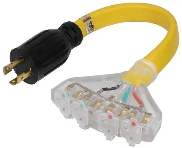 Main image of 1.5FT L14-30P to 4X Nema 5-20R Adapter Cable, L14-30P 4-Prong 30 Amp Locking Plug to Four Household 15/20A Female Heavy Duty Power Cord, AWG#10 4 Conductors Flat Cable Yellow Color.