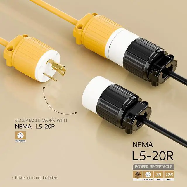 Alt view image 2 of 6 - NEMA L5-20R Twist Lock Female Receptacle, ETL Certified 20A 125V Rewireable Cord End Socket, UL94-V0 Fire-Resistant Nylon & Solid Copper, Fits 10~18AWG SJT/STW Cord, Black White Industrial Connector