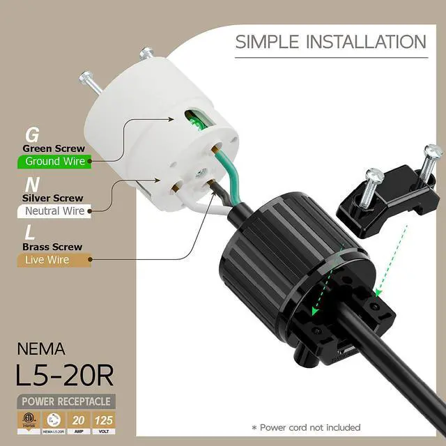 Alt view image 3 of 6 - NEMA L5-20R Twist Lock Female Receptacle, ETL Certified 20A 125V Rewireable Cord End Socket, UL94-V0 Fire-Resistant Nylon & Solid Copper, Fits 10~18AWG SJT/STW Cord, Black White Industrial Connector