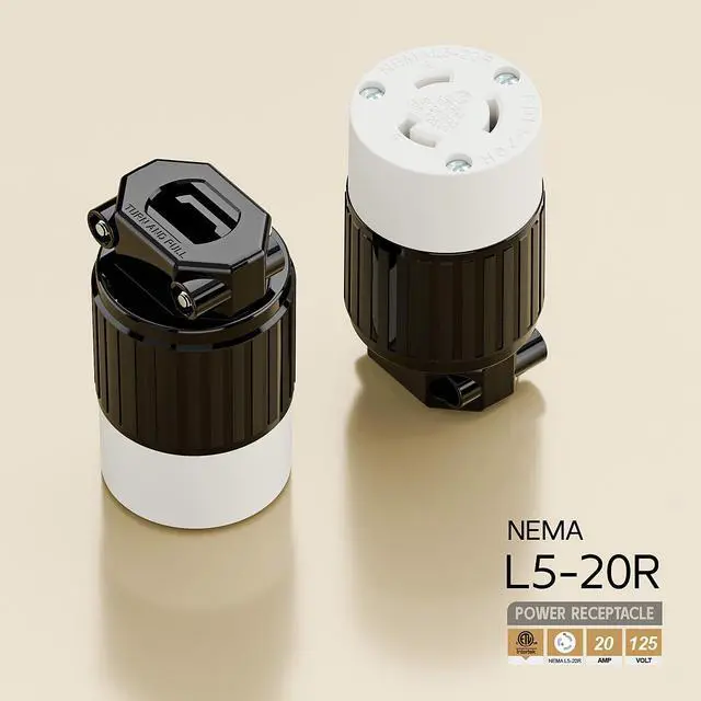 Alt view image 4 of 6 - NEMA L5-20R Twist Lock Female Receptacle, ETL Certified 20A 125V Rewireable Cord End Socket, UL94-V0 Fire-Resistant Nylon & Solid Copper, Fits 10~18AWG SJT/STW Cord, Black White Industrial Connector