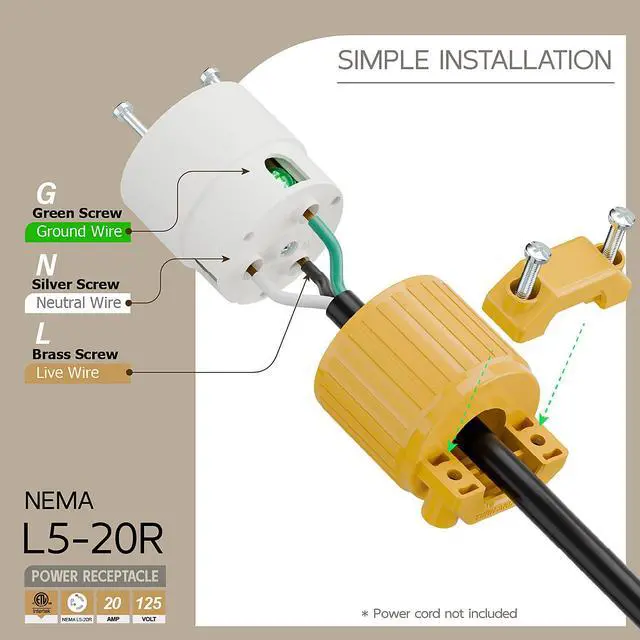 Alt view image 3 of 6 - NEMA L5-20R Twist Lock Female Receptacle, ETL Certified 20A 125V Rewireable Cord End Socket, UL94-V0 Fire-Resistant Nylon & Solid Copper, Fits 10~18AWG SJT/STW Cord, Yellow Industrial Connector