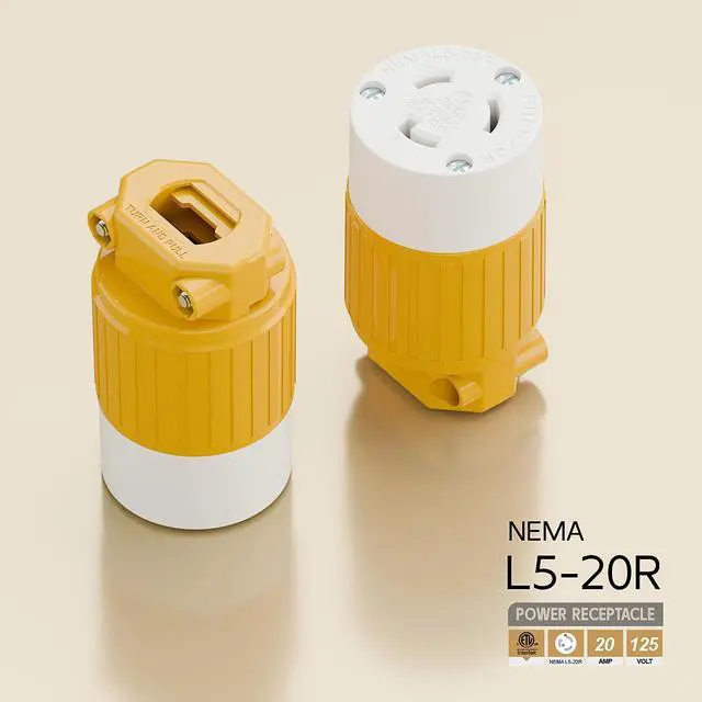 Alt view image 4 of 6 - NEMA L5-20R Twist Lock Female Receptacle, ETL Certified 20A 125V Rewireable Cord End Socket, UL94-V0 Fire-Resistant Nylon & Solid Copper, Fits 10~18AWG SJT/STW Cord, Yellow Industrial Connector