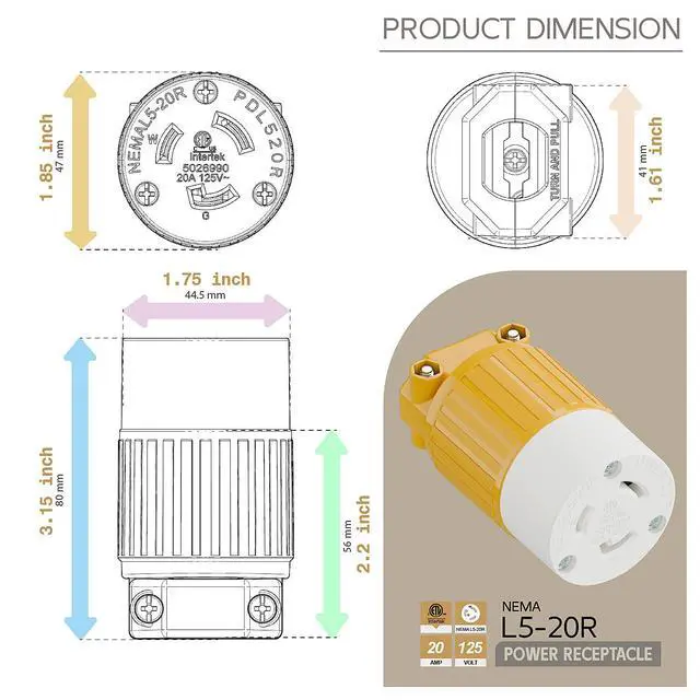 Alt view image 5 of 6 - NEMA L5-20R Twist Lock Female Receptacle, ETL Certified 20A 125V Rewireable Cord End Socket, UL94-V0 Fire-Resistant Nylon & Solid Copper, Fits 10~18AWG SJT/STW Cord, Yellow Industrial Connector