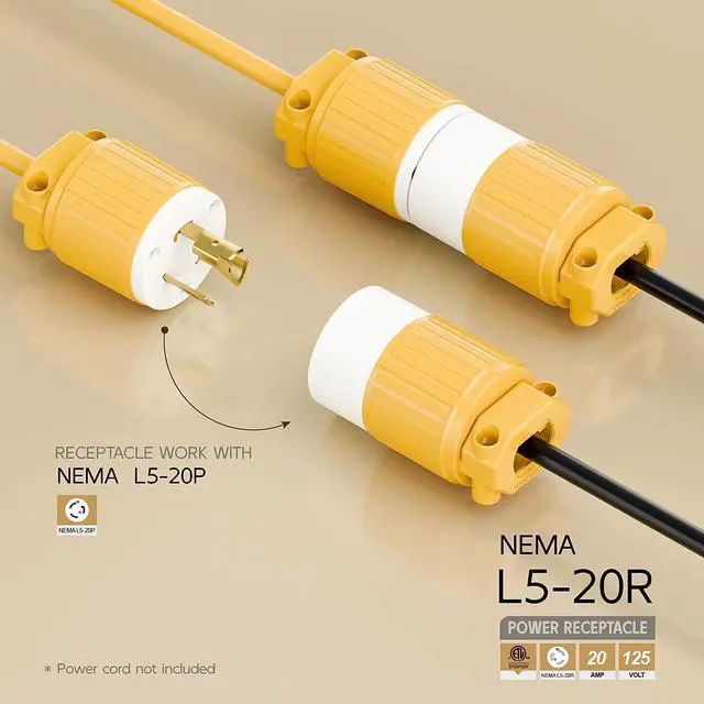 Alt view image 2 of 6 - NEMA L5-20R Twist Lock Female Receptacle, ETL Certified 20A 125V Rewireable Cord End Socket, UL94-V0 Fire-Resistant Nylon & Solid Copper, Fits 10~18AWG SJT/STW Cord, Yellow Industrial Connector
