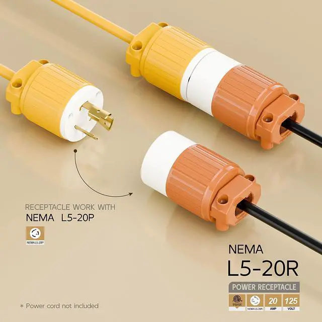 Alt view image 2 of 6 - NEMA L5-20R Twist Lock Female Receptacle, ETL Certified 20A 125V Rewireable Cord End Socket, UL94-V0 Fire-Resistant Nylon & Solid Copper, Fits 10~18AWG SJT/STW Cord, Orange Industrial Connector