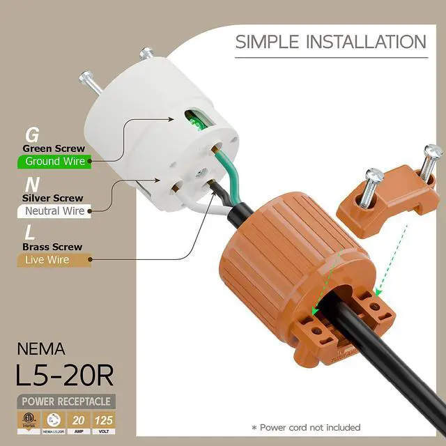 Alt view image 3 of 6 - NEMA L5-20R Twist Lock Female Receptacle, ETL Certified 20A 125V Rewireable Cord End Socket, UL94-V0 Fire-Resistant Nylon & Solid Copper, Fits 10~18AWG SJT/STW Cord, Orange Industrial Connector