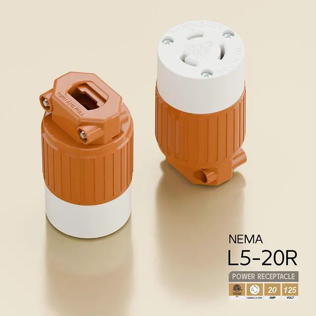 Alt view image 4 of 6 - NEMA L5-20R Twist Lock Female Receptacle, ETL Certified 20A 125V Rewireable Cord End Socket, UL94-V0 Fire-Resistant Nylon & Solid Copper, Fits 10~18AWG SJT/STW Cord, Orange Industrial Connector