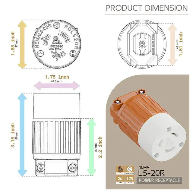Alt view image 5 of 6 - NEMA L5-20R Twist Lock Female Receptacle, ETL Certified 20A 125V Rewireable Cord End Socket, UL94-V0 Fire-Resistant Nylon & Solid Copper, Fits 10~18AWG SJT/STW Cord, Orange Industrial Connector