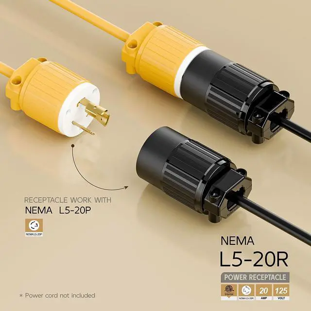 Alt view image 2 of 6 - NEMA L5-20R Twist Lock Female Receptacle, ETL Certified 20A 125V Rewireable Cord End Socket, UL94-V0 Fire-Resistant Nylon & Solid Copper, Fits 10~18AWG SJT/STW Cord, Black Industrial Connector