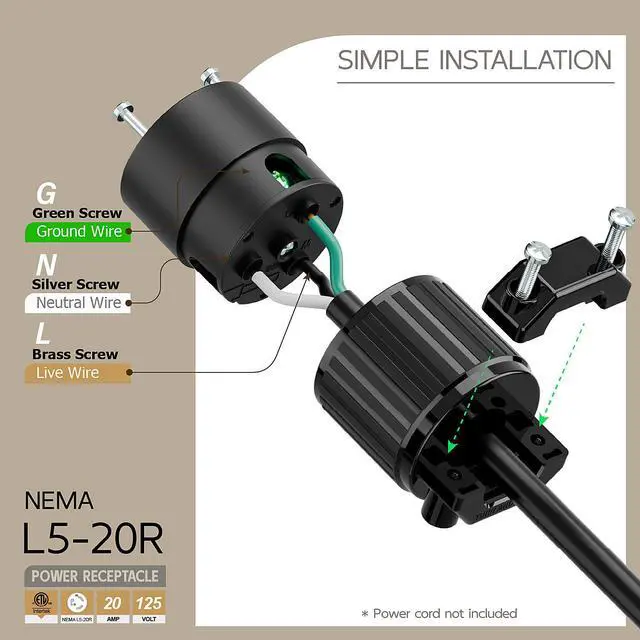 Alt view image 3 of 6 - NEMA L5-20R Twist Lock Female Receptacle, ETL Certified 20A 125V Rewireable Cord End Socket, UL94-V0 Fire-Resistant Nylon & Solid Copper, Fits 10~18AWG SJT/STW Cord, Black Industrial Connector