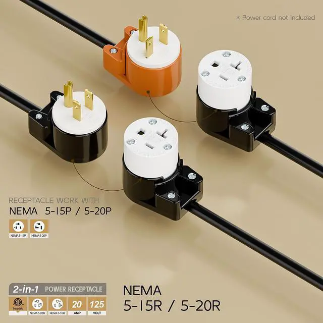 Alt view image 2 of 7 - Right Angled NEMA 5-20R Female Socket,20Amp/125Volt, NEMA 5-15R 15A/125V ETL Listed Heavy Duty 3-Prong Female Straight Blade Connector, 15/20Amp AC Industrial Grade Cord End Socket, Black/White Color