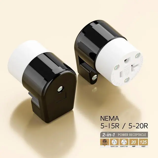 Alt view image 4 of 7 - Right Angled NEMA 5-20R Female Socket,20Amp/125Volt, NEMA 5-15R 15A/125V ETL Listed Heavy Duty 3-Prong Female Straight Blade Connector, 15/20Amp AC Industrial Grade Cord End Socket, Black/White Color