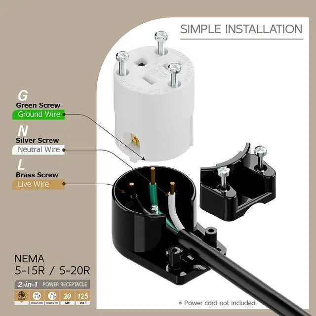 Alt view image 3 of 7 - Right Angled NEMA 5-20R Female Socket,20Amp/125Volt, NEMA 5-15R 15A/125V ETL Listed Heavy Duty 3-Prong Female Straight Blade Connector, 15/20Amp AC Industrial Grade Cord End Socket, Black/White Color