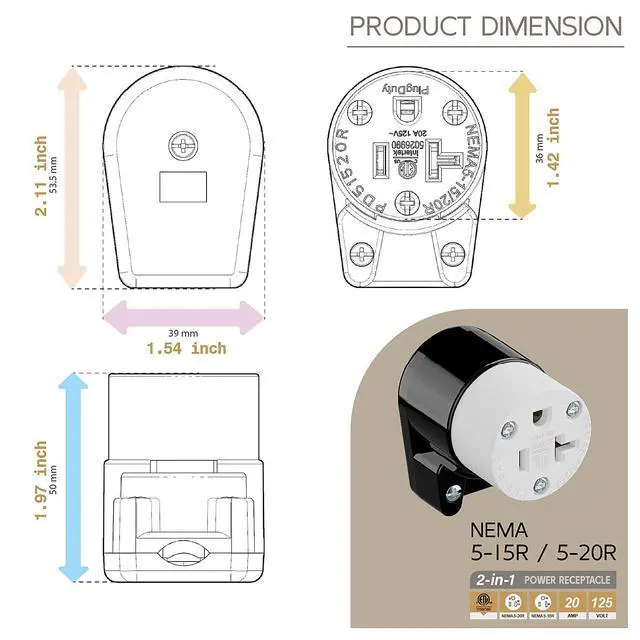 Alt view image 5 of 7 - Right Angled NEMA 5-20R Female Socket,20Amp/125Volt, NEMA 5-15R 15A/125V ETL Listed Heavy Duty 3-Prong Female Straight Blade Connector, 15/20Amp AC Industrial Grade Cord End Socket, Black/White Color