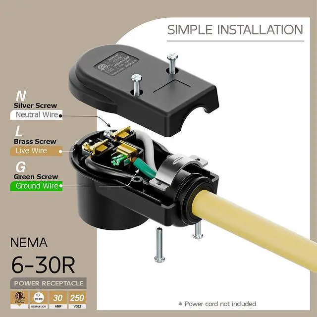 Alt view image 4 of 7 - NEMA 6-30R Plug,6-30 30A/250V Female Connector, (ETL Certified) 30Amp 250Volt Cord End Socket, Female 30A Welder Receptacle, Heavy Duty, Black Color