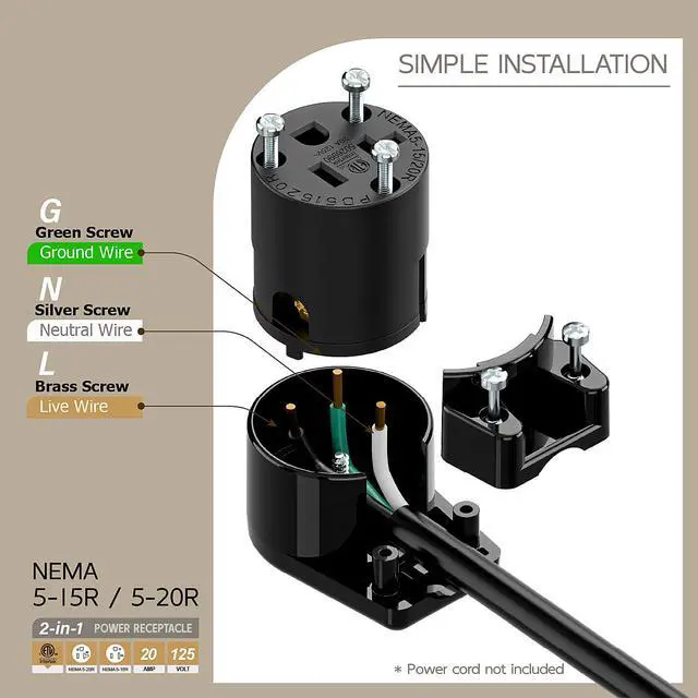 Alt view image 3 of 7 - Right Angled NEMA 5-20R Female Socket,20Amp/125Volt, NEMA 5-15R 15A/125V ETL Listed Heavy Duty 3-Prong Female Straight Blade Connector, 15/20Amp AC Industrial Grade Cord End Socket, Black Color