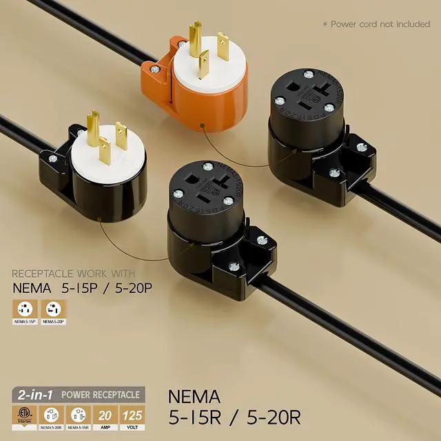 Alt view image 2 of 7 - Right Angled NEMA 5-20R Female Socket,20Amp/125Volt, NEMA 5-15R 15A/125V ETL Listed Heavy Duty 3-Prong Female Straight Blade Connector, 15/20Amp AC Industrial Grade Cord End Socket, Black Color