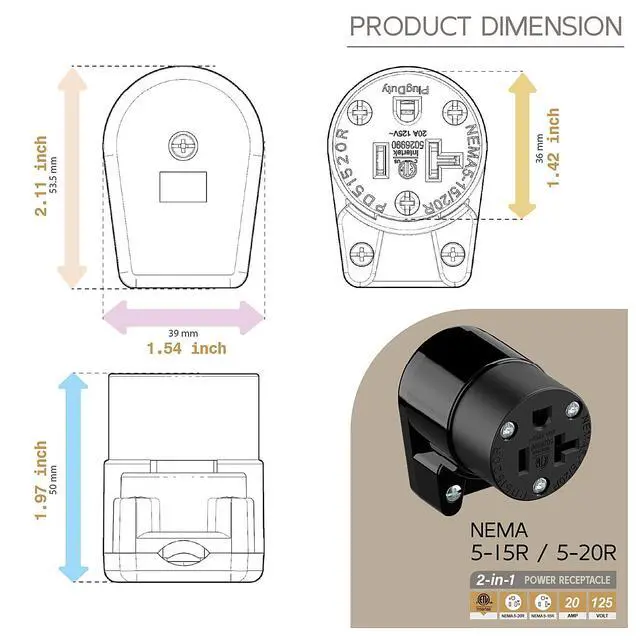Alt view image 5 of 7 - Right Angled NEMA 5-20R Female Socket,20Amp/125Volt, NEMA 5-15R 15A/125V ETL Listed Heavy Duty 3-Prong Female Straight Blade Connector, 15/20Amp AC Industrial Grade Cord End Socket, Black Color