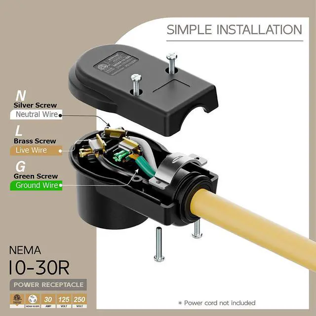 Alt view image 4 of 7 - NEMA 10-30R Plug,10-30 30A/125/250V Female Connector, (ETL Certified) 30Amp 125/250Volt Cord End Socket, Female 30A Dryer Receptacle, Heavy Duty, Black Color