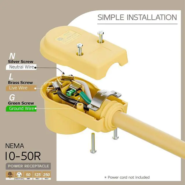 Alt view image 4 of 7 - NEMA 10-50R Plug,10-50 50A/125/250V Female Connector, (ETL Certified) 50Amp 125/250Volt Cord End Socket, Female 50A Dryer Receptacle, Heavy Duty, Yellow Color