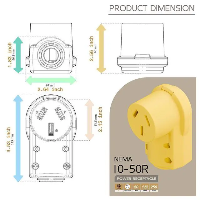 Alt view image 5 of 7 - NEMA 10-50R Plug,10-50 50A/125/250V Female Connector, (ETL Certified) 50Amp 125/250Volt Cord End Socket, Female 50A Dryer Receptacle, Heavy Duty, Yellow Color