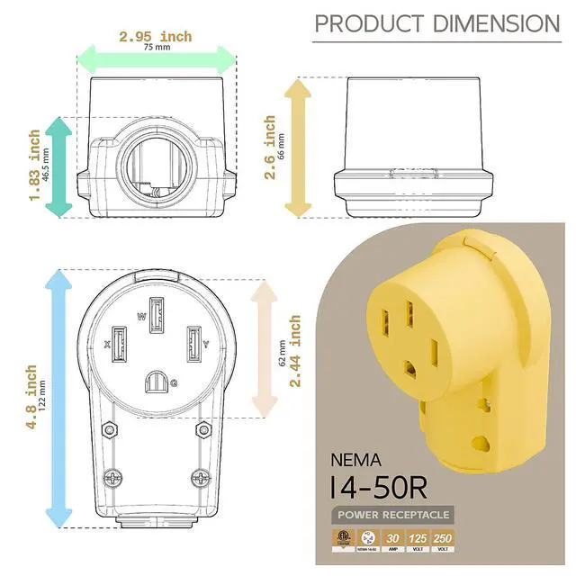 Alt view image 5 of 7 - NEMA 14-50R Plug,14-50 50A/125/250V Female Connector, (ETL Certified) 50Amp 125/250Volt Cord End Socket, Female 50A Dryer Receptacle, Heavy Duty, Yellow Color