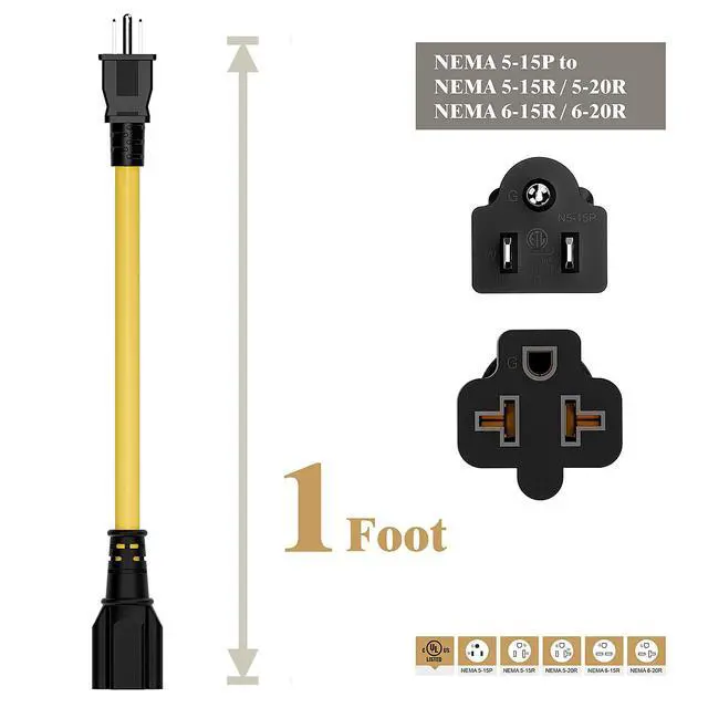 Alt view image 3 of 7 - 4-1 12AWG Heavy Duty 15 Amp Household AC Plug to 20 Amp T Blade Adapter Cable,5-15P to 5-20R to 6-15R to 6-20R, AC Power Adapter, L=1FT