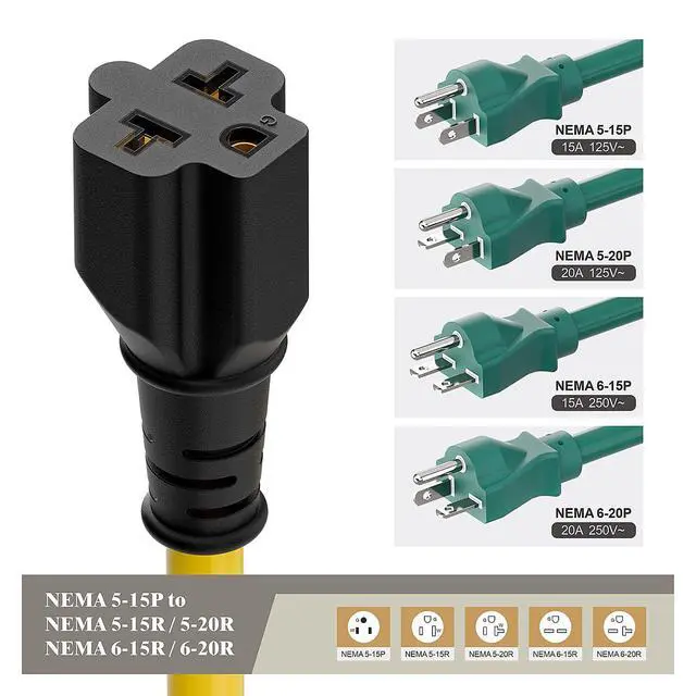 Alt view image 6 of 7 - 4-1 12AWG Heavy Duty 15 Amp Household AC Plug to 20 Amp T Blade Adapter Cable,5-15P to 5-20R to 6-15R to 6-20R, AC Power Adapter, L=1FT