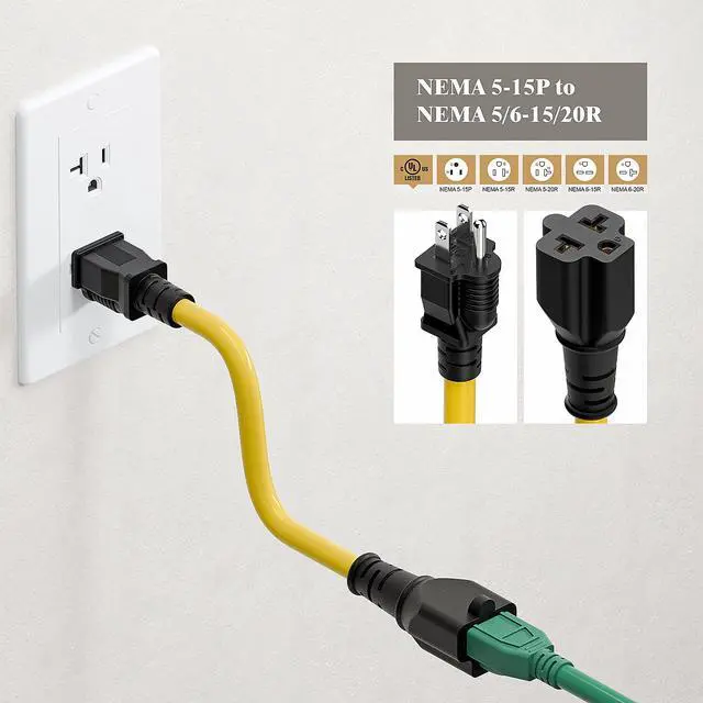 Alt view image 7 of 7 - 4-1 12AWG Heavy Duty 15 Amp Household AC Plug to 20 Amp T Blade Adapter Cable,5-15P to 5-20R to 6-15R to 6-20R, AC Power Adapter, L=1FT