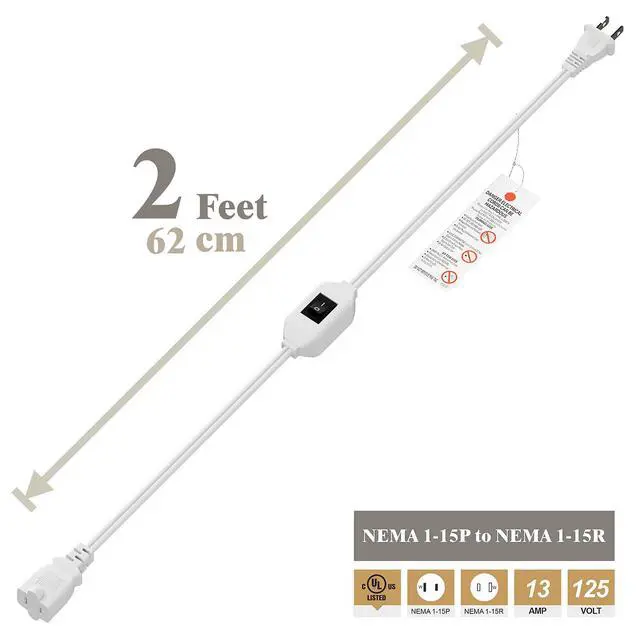 Alt view image 3 of 7 - 0.6Meter On Off Switch Extension Cord,2-Prong/2 Outlet Polarized Extension Cord with Switch 12A/125V for Your Chargers/Lamp/Power Adapters etc, 16AWG Cord,White,AC0033