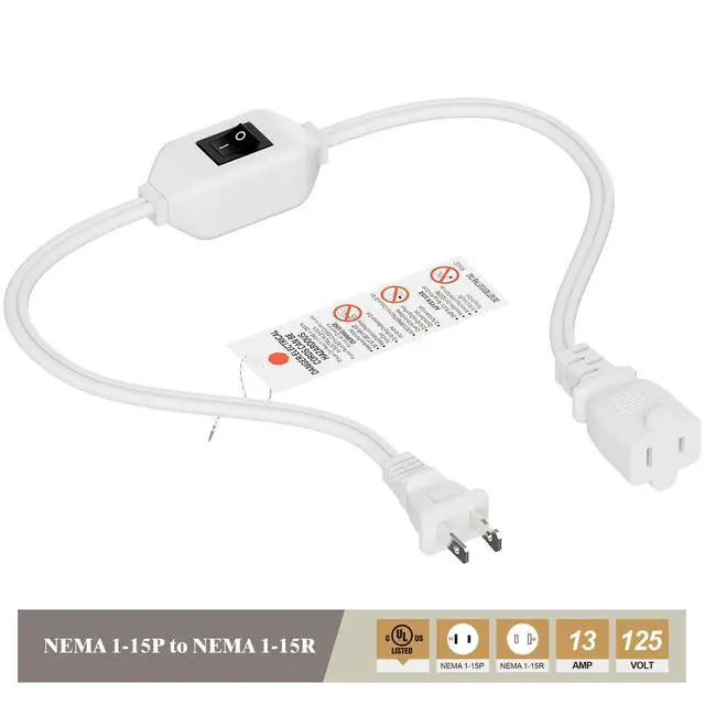Alt view image 4 of 7 - 0.6Meter On Off Switch Extension Cord,2-Prong/2 Outlet Polarized Extension Cord with Switch 12A/125V for Your Chargers/Lamp/Power Adapters etc, 16AWG Cord,White,AC0033