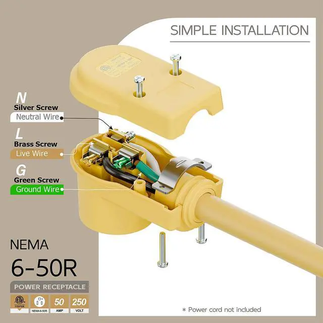 Alt view image 4 of 7 - NEMA 6-50R Plug,6-50R 50A/250V Welder Female Socket,(ETL Certified) 50Amp 250Volt Cord End Receptacle For Welders & Driers, Heavy Duty Welder 3-Prong, Yellow Color