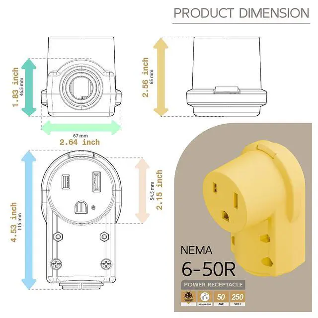 Alt view image 5 of 7 - NEMA 6-50R Plug,6-50R 50A/250V Welder Female Socket,(ETL Certified) 50Amp 250Volt Cord End Receptacle For Welders & Driers, Heavy Duty Welder 3-Prong, Yellow Color
