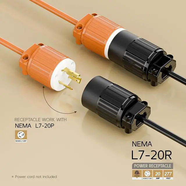 Alt view image 2 of 6 - NEMA L7-20R Locking Plug, (ETL Listed) Cord End Connector, Twist Lock L7-20 20Amp 277Volt Female AC Connector, Industrial Grade 20A 277V Replacement Socket PDL720R Black Color