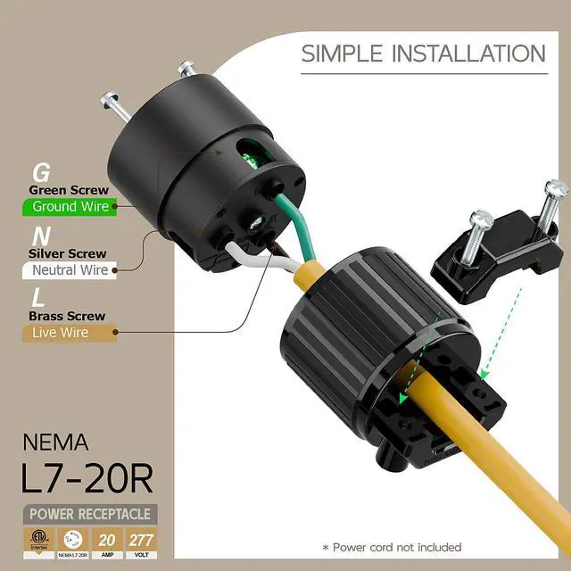 Alt view image 3 of 6 - NEMA L7-20R Locking Plug, (ETL Listed) Cord End Connector, Twist Lock L7-20 20Amp 277Volt Female AC Connector, Industrial Grade 20A 277V Replacement Socket PDL720R Black Color