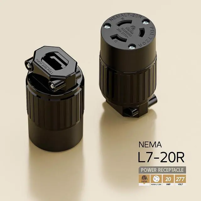 Alt view image 4 of 6 - NEMA L7-20R Locking Plug, (ETL Listed) Cord End Connector, Twist Lock L7-20 20Amp 277Volt Female AC Connector, Industrial Grade 20A 277V Replacement Socket PDL720R Black Color