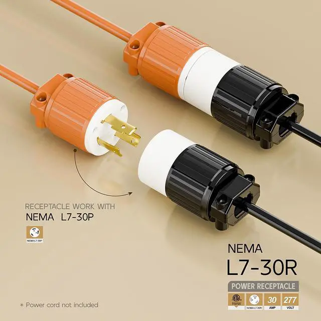 Alt view image 2 of 6 - NEMA L7-30R Locking Plug, (ETL Listed) Cord End Connector, Twist Lock L7-30R 30Amp 277Volt Female AC Connector, Industrial Grade 30A 277V Replacement Socket PDL730R Black and White Color