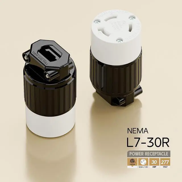 Alt view image 4 of 6 - NEMA L7-30R Locking Plug, (ETL Listed) Cord End Connector, Twist Lock L7-30R 30Amp 277Volt Female AC Connector, Industrial Grade 30A 277V Replacement Socket PDL730R Black and White Color