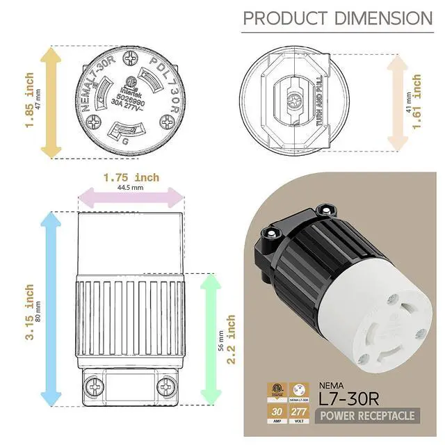Alt view image 5 of 6 - NEMA L7-30R Locking Plug, (ETL Listed) Cord End Connector, Twist Lock L7-30R 30Amp 277Volt Female AC Connector, Industrial Grade 30A 277V Replacement Socket PDL730R Black and White Color