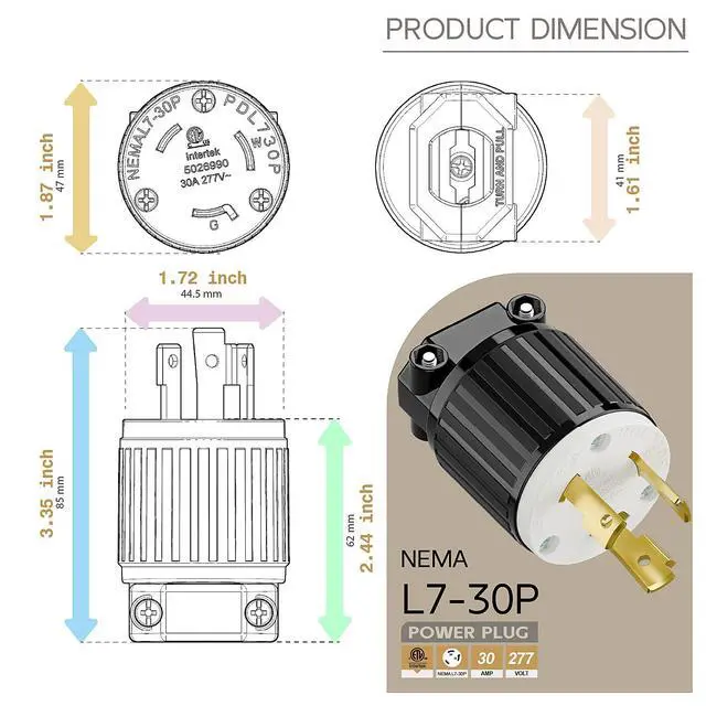 Alt view image 5 of 6 - NEMA L7-30P Locking Plug, (ETL Listed) Cord End Connector, Twist Lock L7-30P 30Amp 277Volt Male AC Connector, Industrial Grade 30A 277V Replacement Socket PDL730P Black and White Color