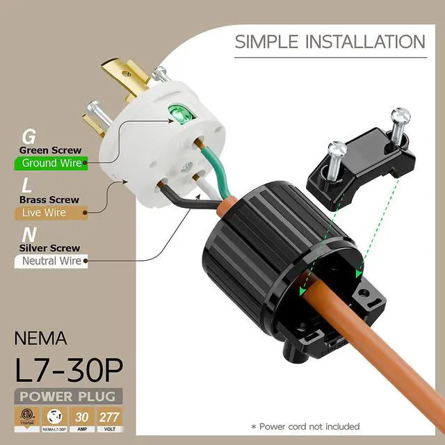 Alt view image 3 of 6 - NEMA L7-30P Locking Plug, (ETL Listed) Cord End Connector, Twist Lock L7-30P 30Amp 277Volt Male AC Connector, Industrial Grade 30A 277V Replacement Socket PDL730P Black and White Color