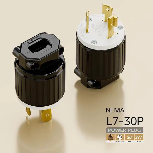 Alt view image 4 of 6 - NEMA L7-30P Locking Plug, (ETL Listed) Cord End Connector, Twist Lock L7-30P 30Amp 277Volt Male AC Connector, Industrial Grade 30A 277V Replacement Socket PDL730P Black and White Color
