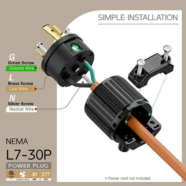 Alt view image 3 of 6 - NEMA L7-30P Locking Plug, (ETL Listed) Cord End Connector, Twist Lock L7-30P 30Amp 277Volt Male AC Connector, Industrial Grade 30A 277V Replacement Socket PDL730P Black Color