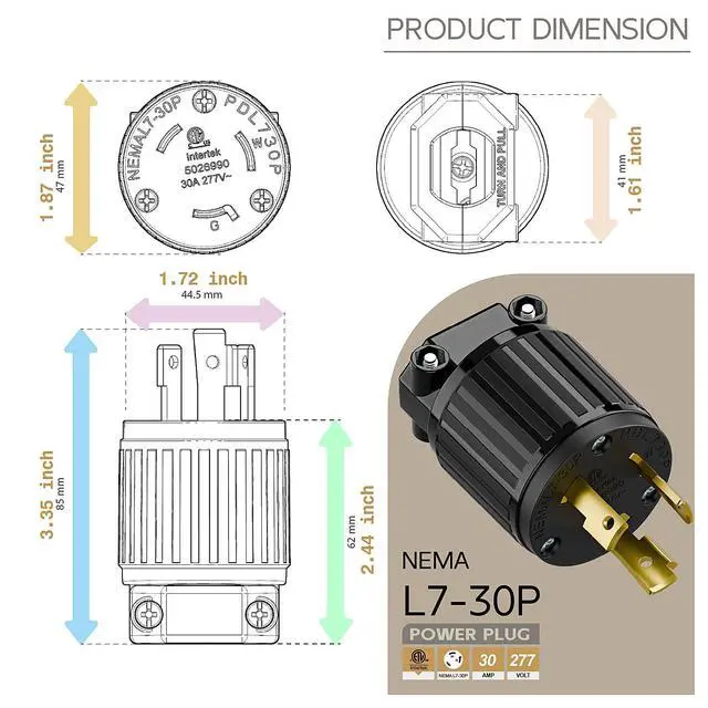 Alt view image 5 of 6 - NEMA L7-30P Locking Plug, (ETL Listed) Cord End Connector, Twist Lock L7-30P 30Amp 277Volt Male AC Connector, Industrial Grade 30A 277V Replacement Socket PDL730P Black Color