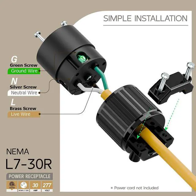 Alt view image 3 of 6 - NEMA L7-30R Locking Plug, (ETL Listed) Cord End Connector, Twist Lock L7-30R 30Amp 277Volt Female AC Connector, Industrial Grade 30A 277V Replacement Socket PDL730R Black Color