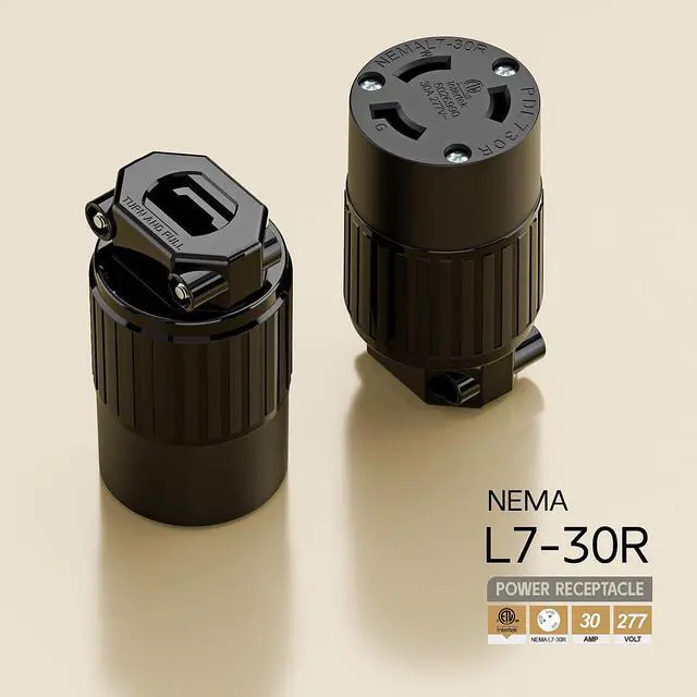 Alt view image 4 of 6 - NEMA L7-30R Locking Plug, (ETL Listed) Cord End Connector, Twist Lock L7-30R 30Amp 277Volt Female AC Connector, Industrial Grade 30A 277V Replacement Socket PDL730R Black Color