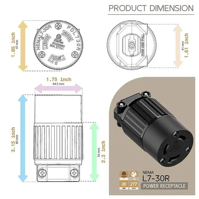 Alt view image 5 of 6 - NEMA L7-30R Locking Plug, (ETL Listed) Cord End Connector, Twist Lock L7-30R 30Amp 277Volt Female AC Connector, Industrial Grade 30A 277V Replacement Socket PDL730R Black Color