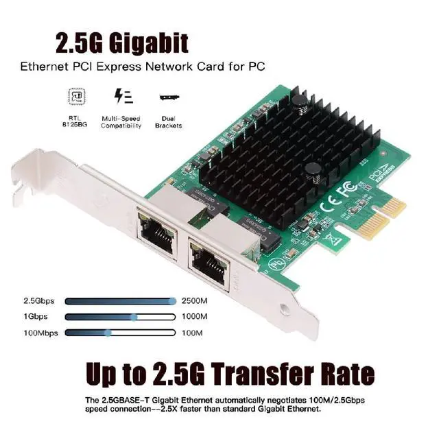Alt view image 7 of 7 - RJ45 Dual Ports 2.5Gbps 2500Mbps to PCI Express 1x PCI-E 1000Mbps GBE Gigabit Ethernet Network LAN Cable Adapter for Desktop Motherboard